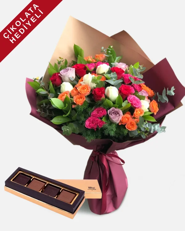 Renklerin ve Tatlılığın Senfonisi: Canlı Gül Buketi ve Özel Çikolata Hediyesi